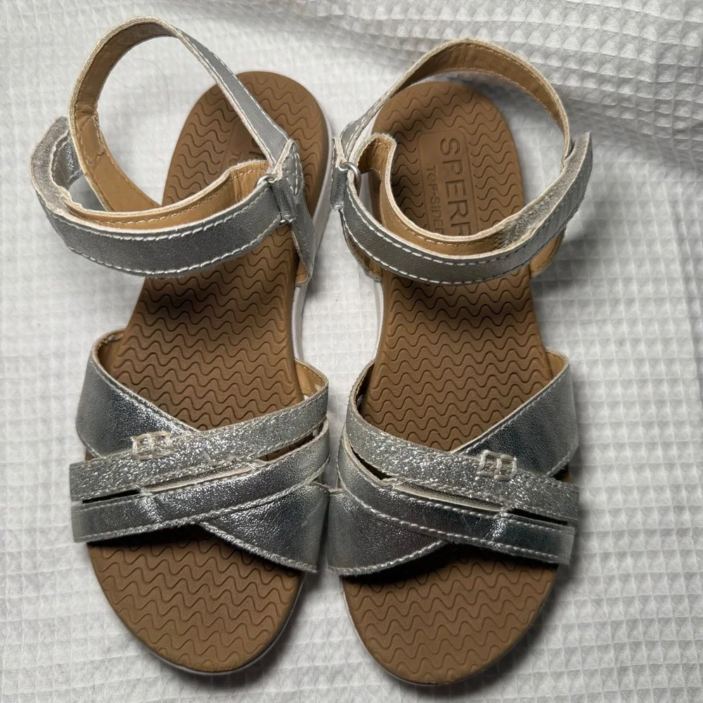 Sperry Top-Sider Kids Girls Silver Metallic Glitter Strappy Sandals Size 1M